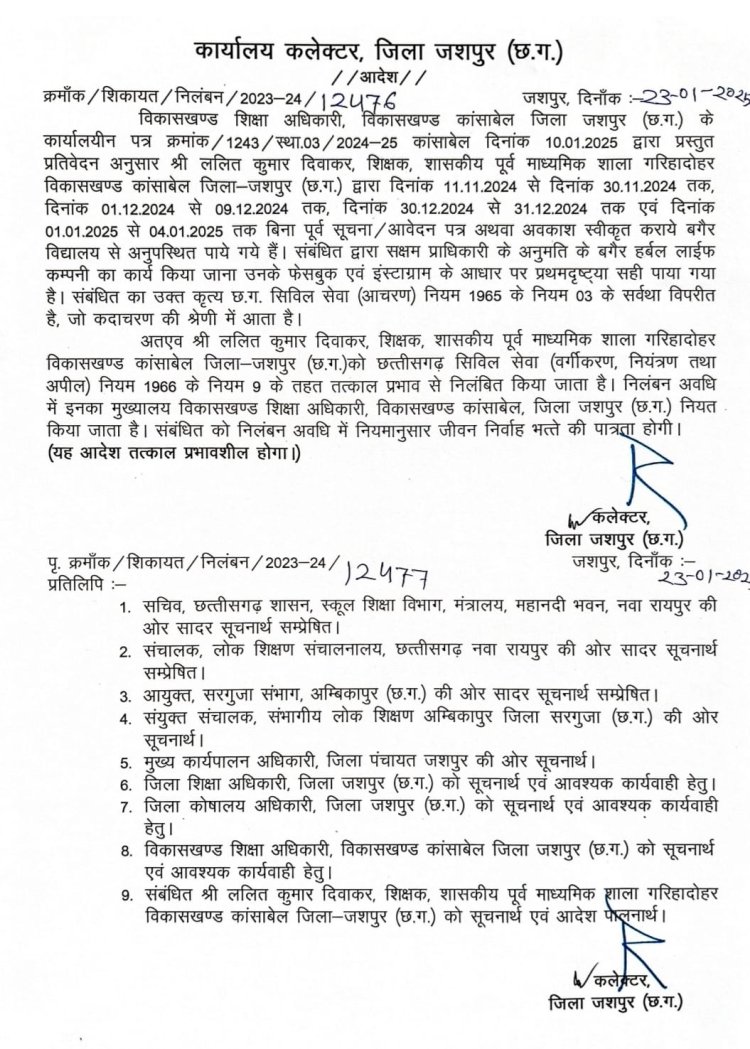 कलेक्टर रोहित व्यास की बड़ी कार्यवाही : हर्बल लाइफ में जुड़ना शिक्षक को पड़ा महंगा,निलंबन की हुई कार्यवाही