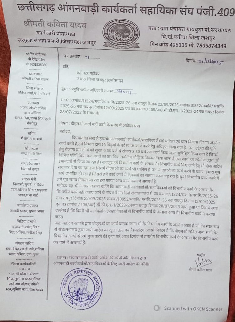 बीएलओ का काम नहीं करने आंगनबाड़ी कार्यकर्ताओं ने खोला मोर्चा,कहा विभागीय कार्य के अतिरिक्त गैर विभागीय कार्य करने नहीं बनाया जाये दबाव,गैर विभागीय कार्य के कारण विभाग का मूल कार्य हो रहा प्रभावित,एक साथ दो पदों पर कार्य कराना शासकीय नियमों की धज्जियां उड़ाने के बराबर